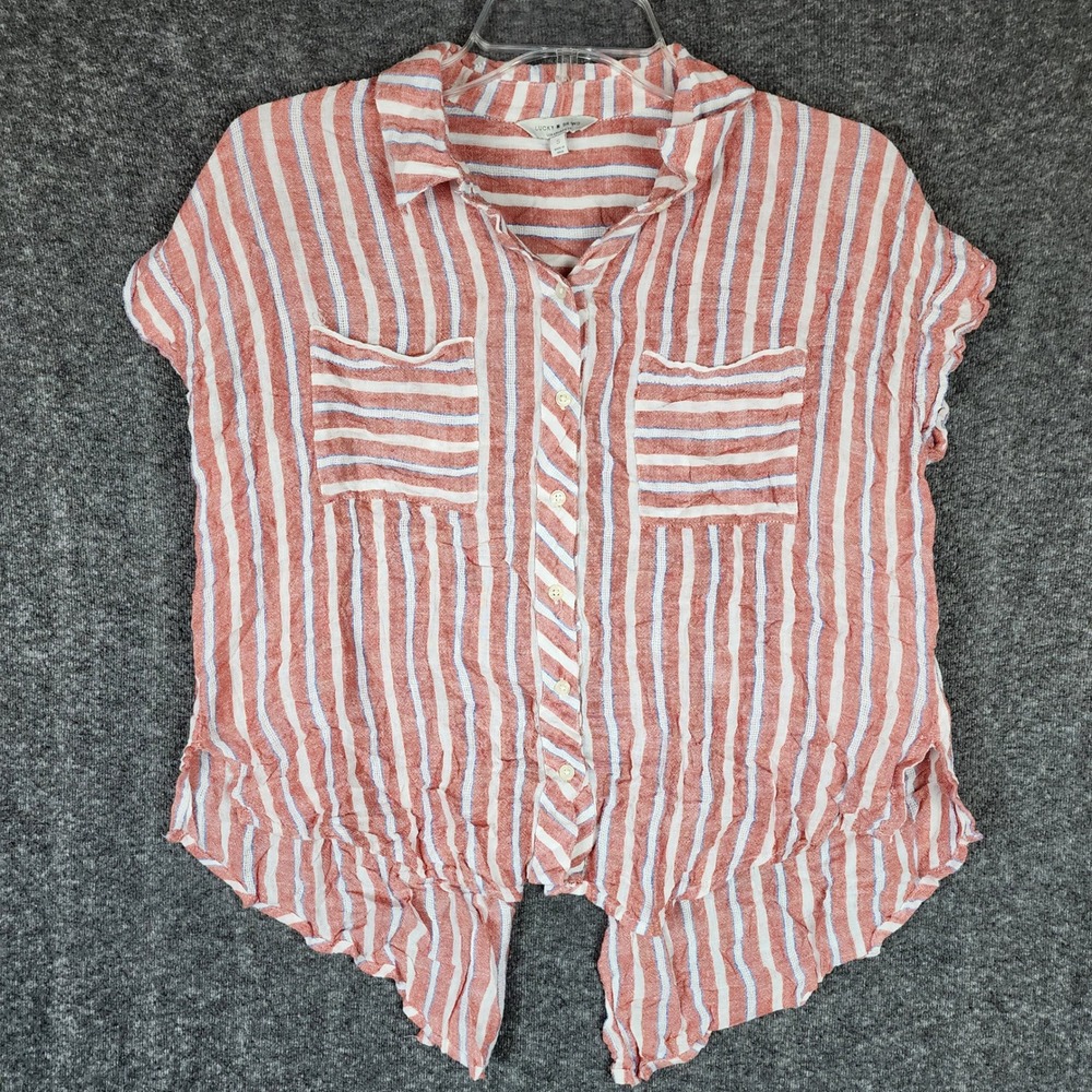 Lucky Brand Button Down Womens S Red White Blue Striped Linen Blend Tie EUC